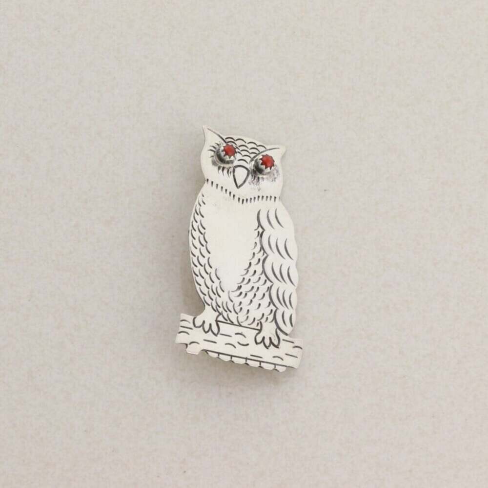 Sterling Silver Owl Pin Brooch with Red Coral Eyes 2" x 1"